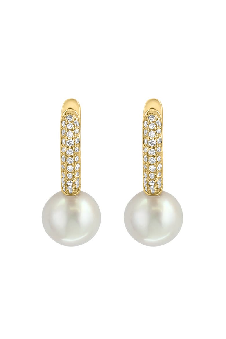 14K Yellow Gold Fresh Water Pearl Diamond Huggie Earrings, Main, color, 14K Gold