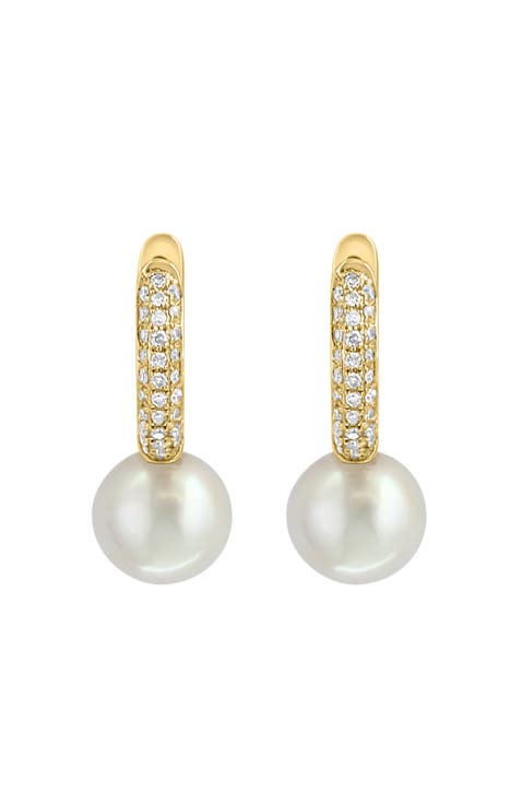 14K Yellow Gold Fresh Water Pearl Diamond Huggie Earrings