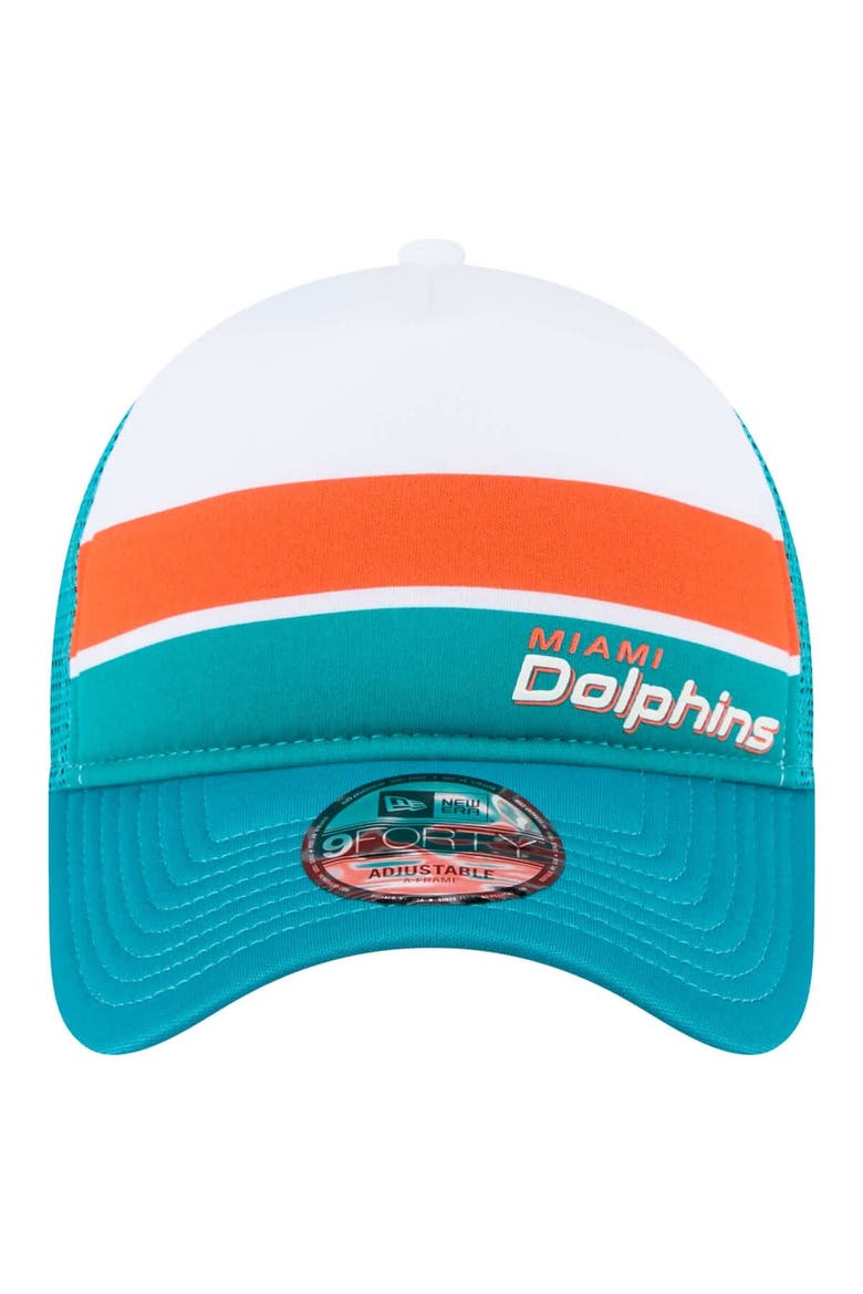 Men's New Era White/Aqua Miami Dolphins Color-Block 9FORTY A-Frame Trucker Adjustable Hat, Alternate, color, White