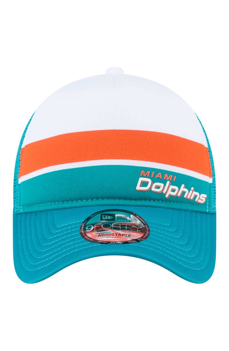 New Era Men's New Era White/Aqua Miami Dolphins Color-Block 9FORTY A-Frame Trucker Adjustable Hat, Alternate, color, White