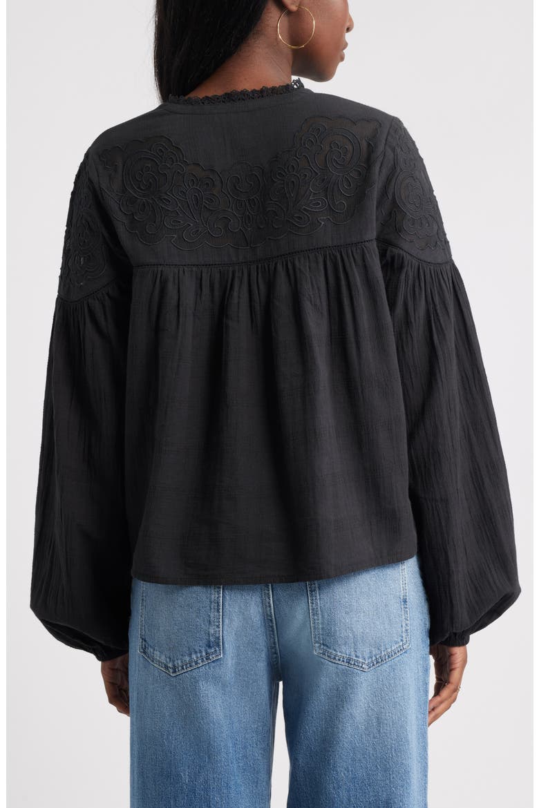 Appliqué Yoke Balloon Sleeve Cotton Top, Alternate, color, BLACK