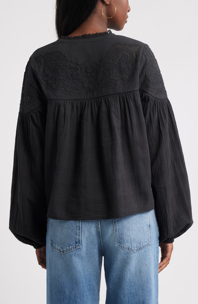 Treasure & Bond Appliqué Yoke Balloon Sleeve Cotton Top, Alternate, color, Black
