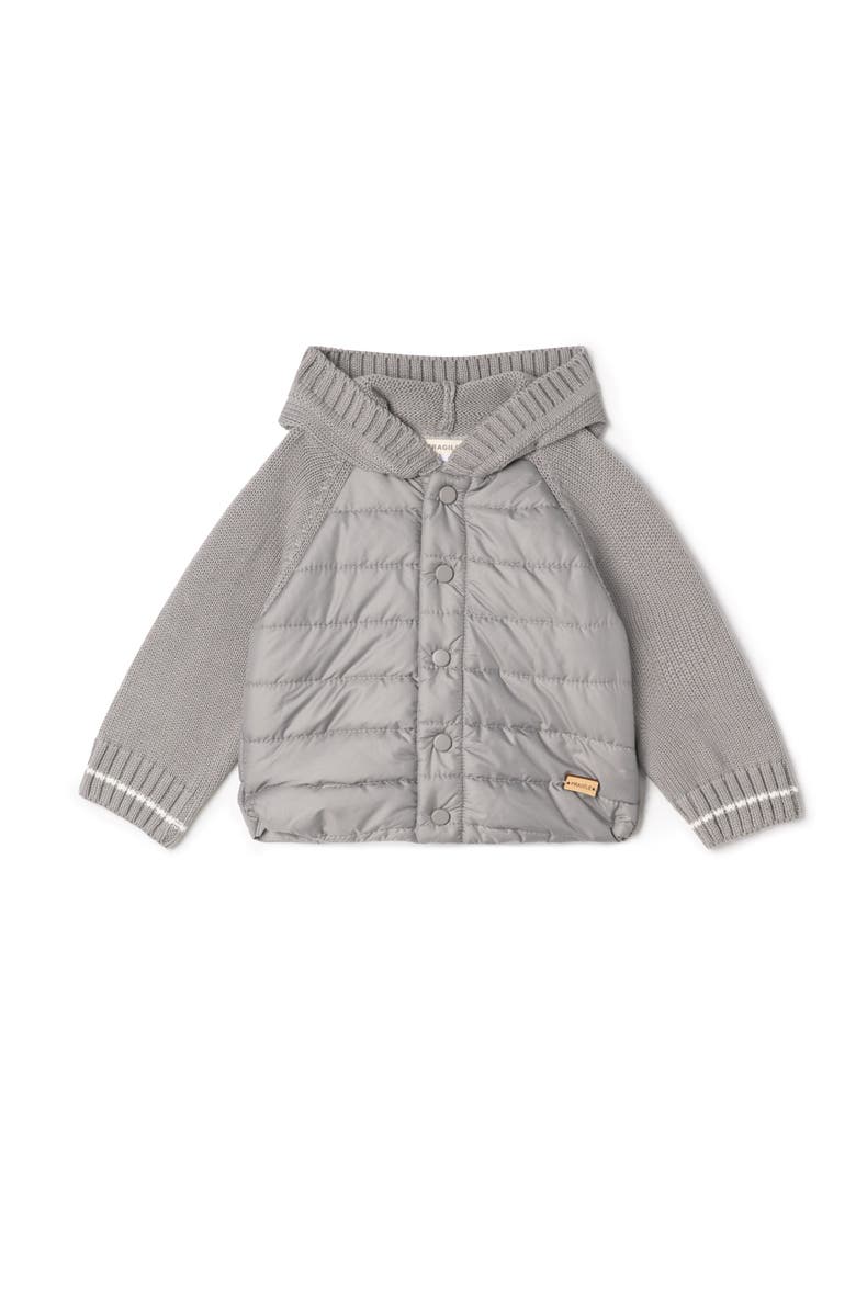 Fragile Quilted Hood Coat with Knit Sleeves and Snap Closure, Main, color, Grey