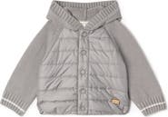 Fragile Quilted Hood Coat with Knit Sleeves and Snap Closure