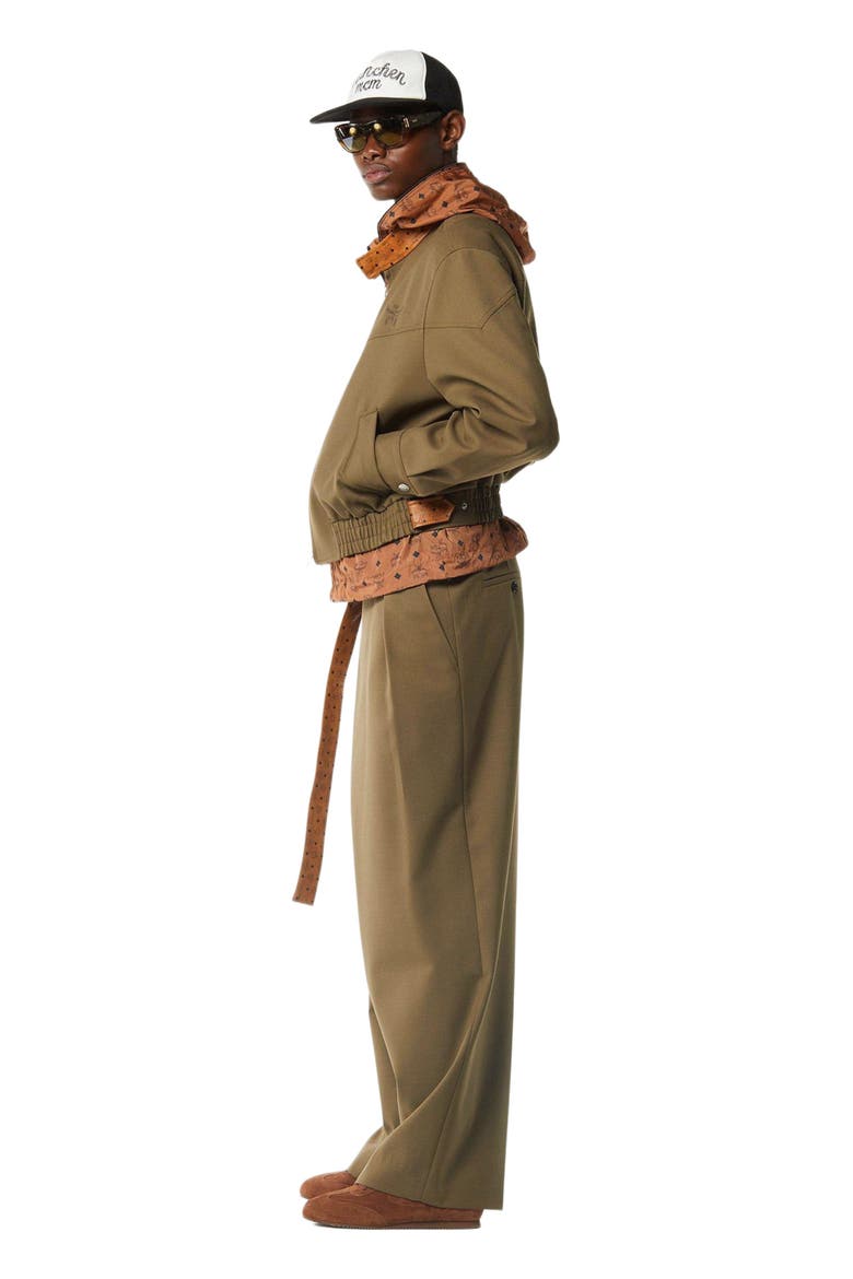 Jacket in Wool Twill and Monogram Print Leather, Alternate, color, Khaki