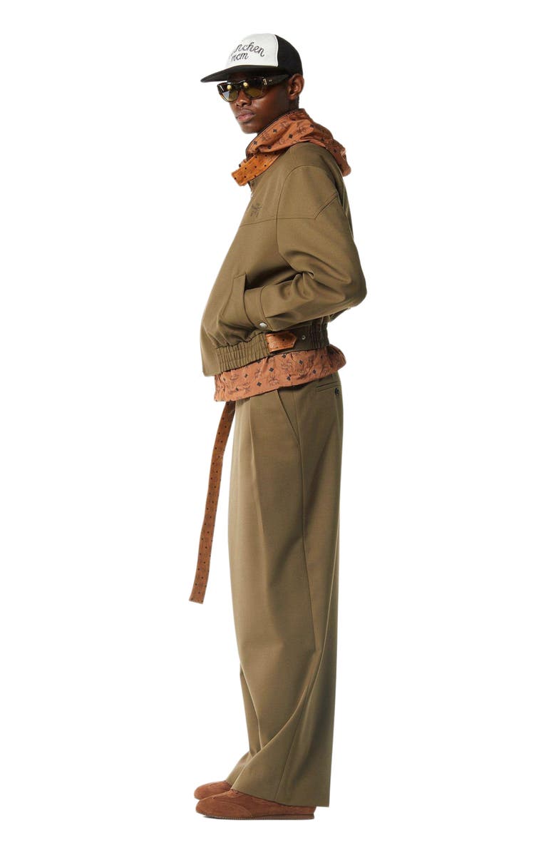 MCM Jacket in Wool Twill and Monogram Print Leather, Alternate, color, Khaki