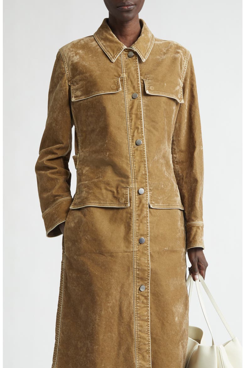 Distressed Long Sleeve Stretch Velveteen Trench Shirtdress, Alternate, color, SAFARI