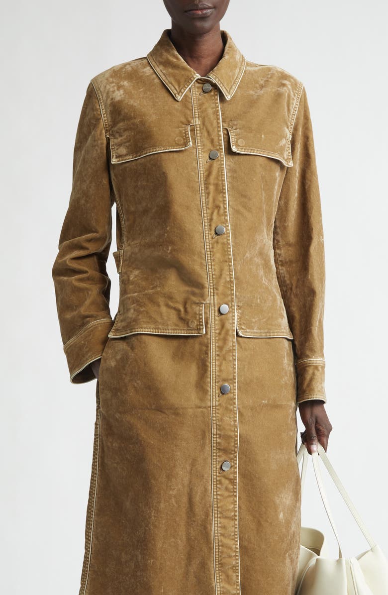 FERRAGAMO Distressed Long Sleeve Stretch Velveteen Trench Shirtdress, Alternate, color, Safari