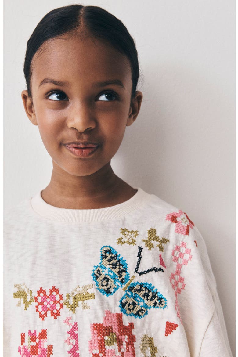 Kids' Embroidered Butterfly Long Sleeve T-Shirt, Alternate, color, NEUTRAL