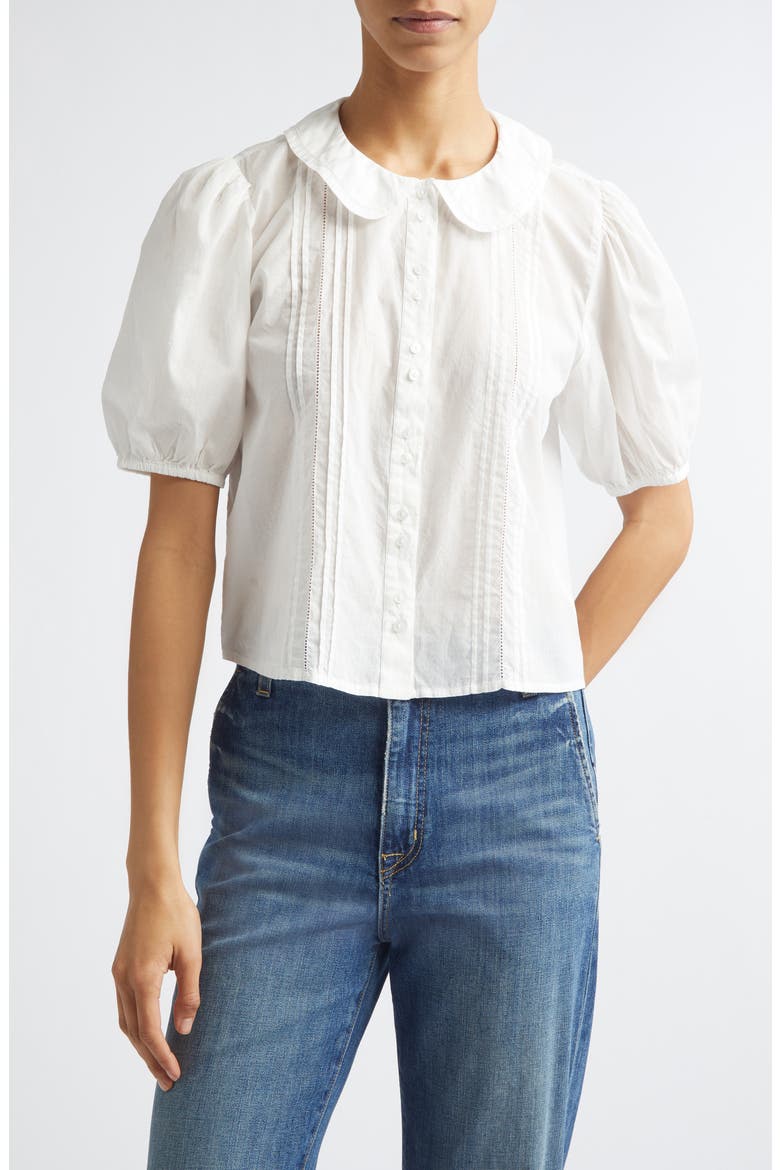 Harriet Lace Detail Elbow Sleeve Cotton Button-Up Shirt, Main, color, WHITE