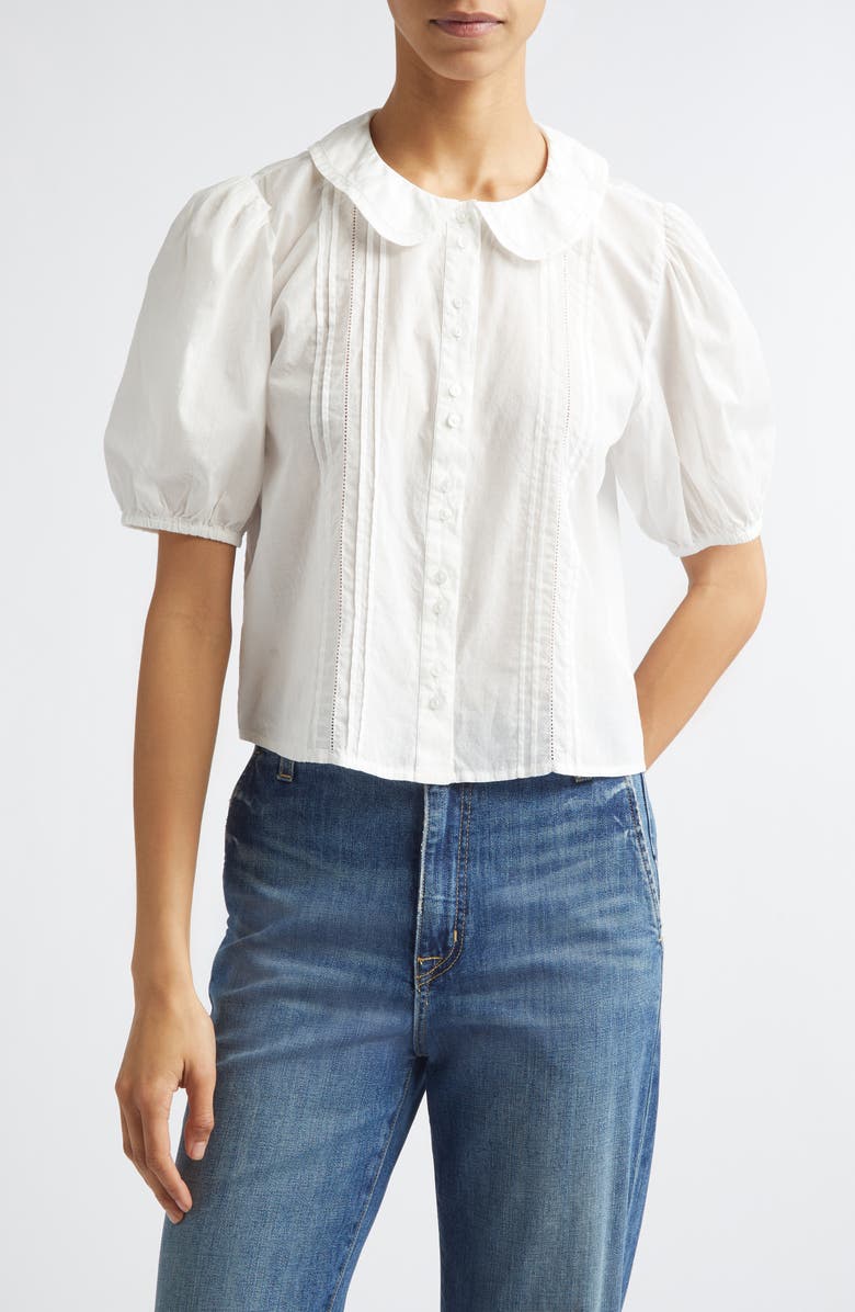 MILLE Harriet Lace Detail Elbow Sleeve Cotton Button-Up Shirt, Main, color, White