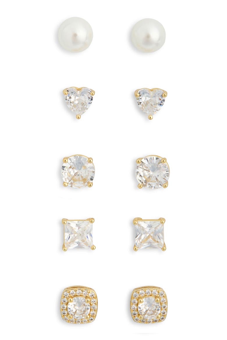 5-Pack Assorted CZ & Faux Pearl Stud Earrings, Main, color, CLEAR- WHITE- GOLD
