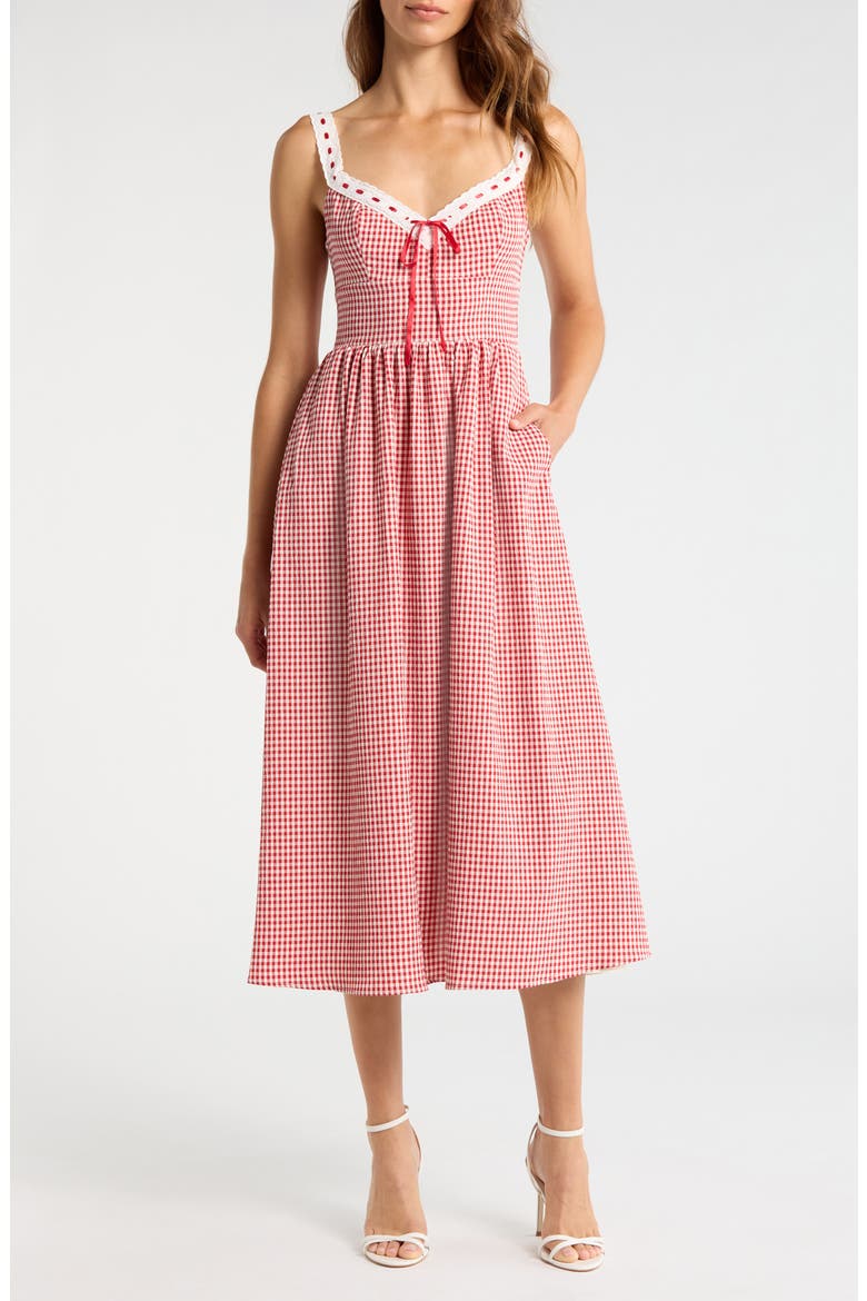 Lilibet Gingham Lace Trim Midi Dress, Main, color, RED