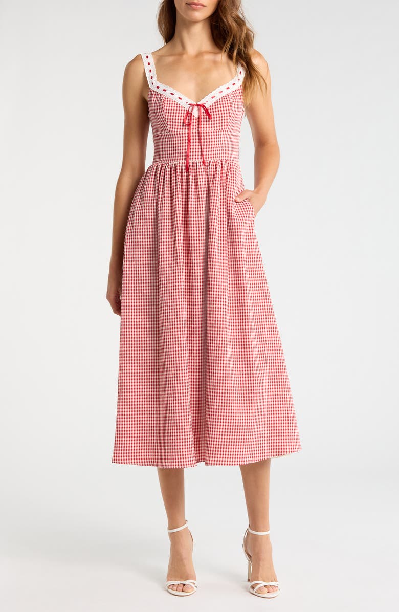 WAYF Lilibet Gingham Lace Trim Midi Dress, Main, color, Red