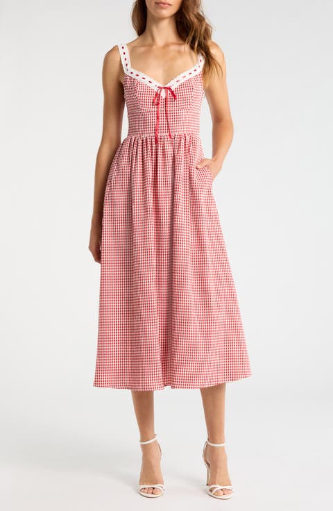 Lilibet Gingham Lace Trim Midi Dress