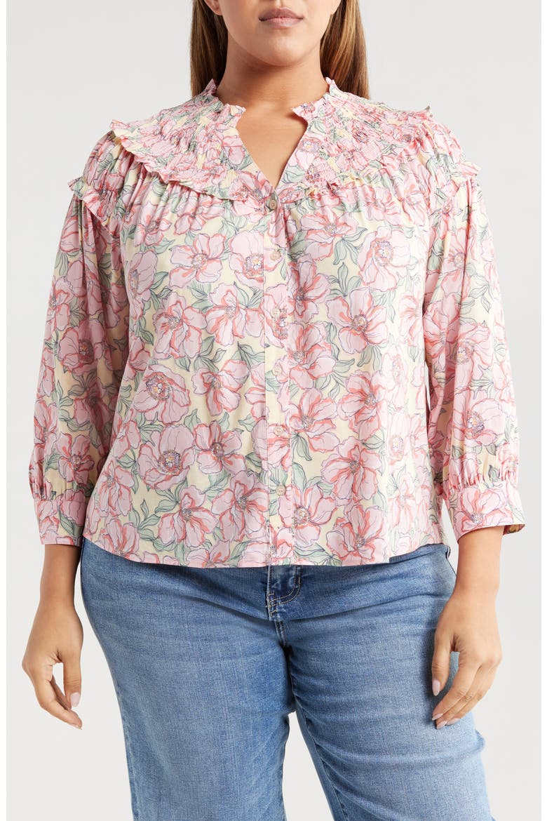 Print Smocked Yoke Top, Main, color, BUTTERCREAM/ SACHET PINK MULTI