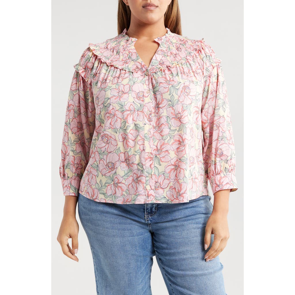 Wit & Wisdom Print Smocked Yoke Top In Buttercream/sachet Pink Multi