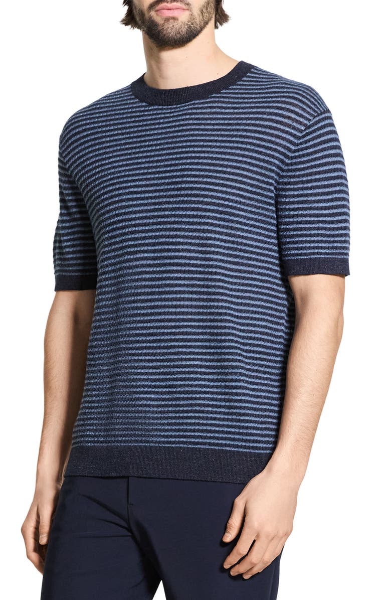 Theory Stripe Short Sleeve Linen & Cotton Blend Crewneck Sweater, Alternate, color, Baltic/Dark Rainstorm - 2Dw
