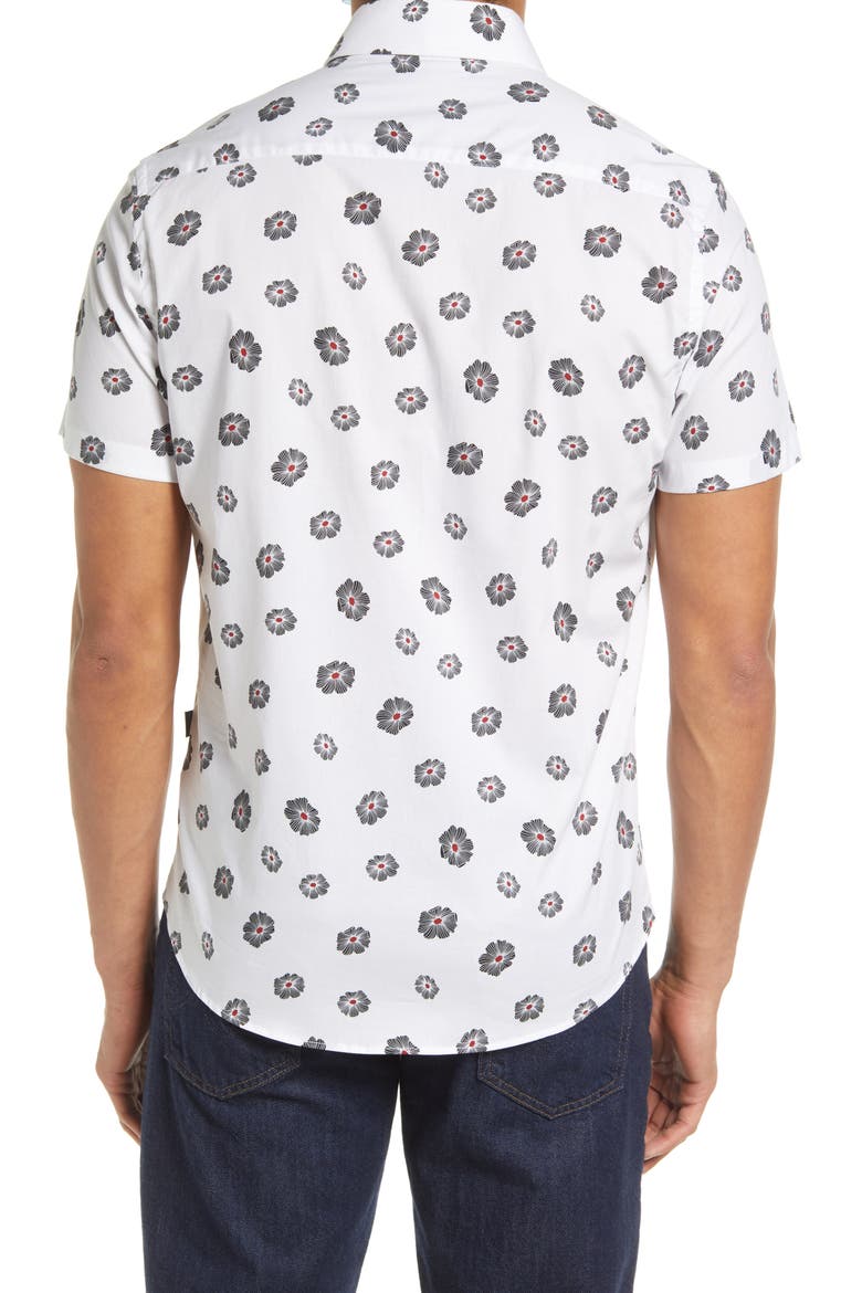 Floral Short Sleeve Stretch Button-Up Shirt, Alternate, color, WHITE