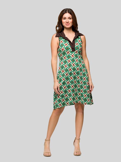 Brown and Green Sleeveless Collared Mini Dress