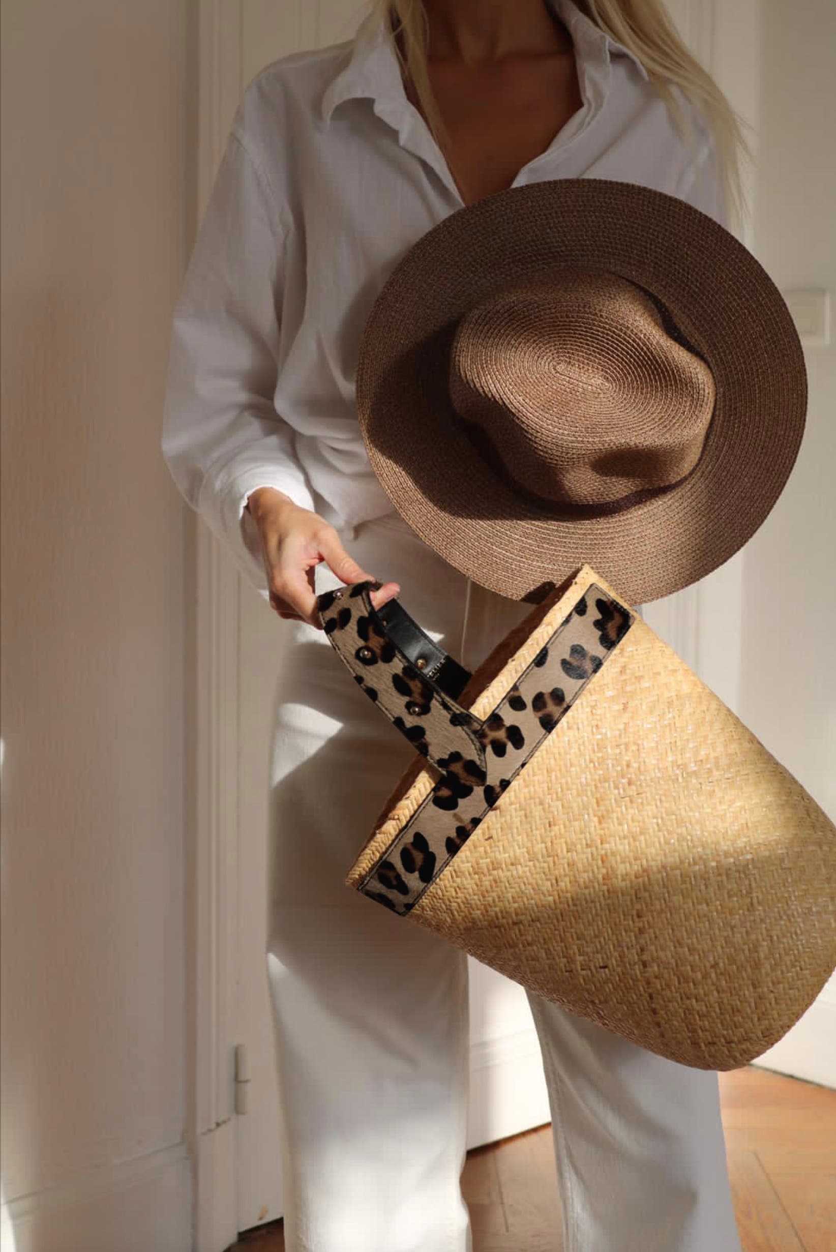 Borneo Leather and Straw Bag, Alternate, color, Leopard