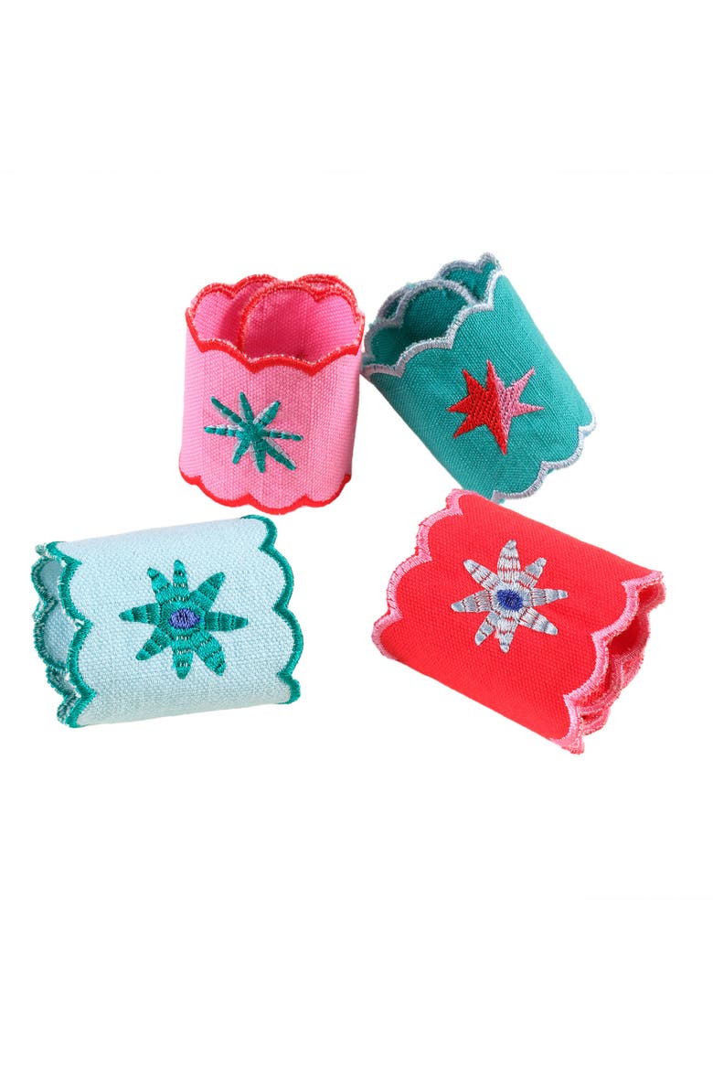 Nilufer 4Pcs Digital Printed Embroidered 100% Cotton Napkin Ring Set 2X7 In, Alternate, color, Multicolor
