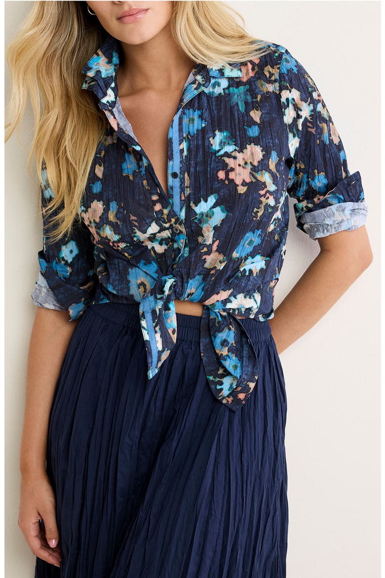 Glowy Floral Button-Up Cotton Crinkle Shirt, Alternate, color, INDIGO MULTI