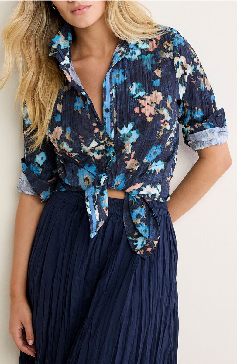 nz BY NIC AND ZOE Glowy Floral Button-Up Cotton Crinkle Shirt, Alternate, color, Indigo Multi