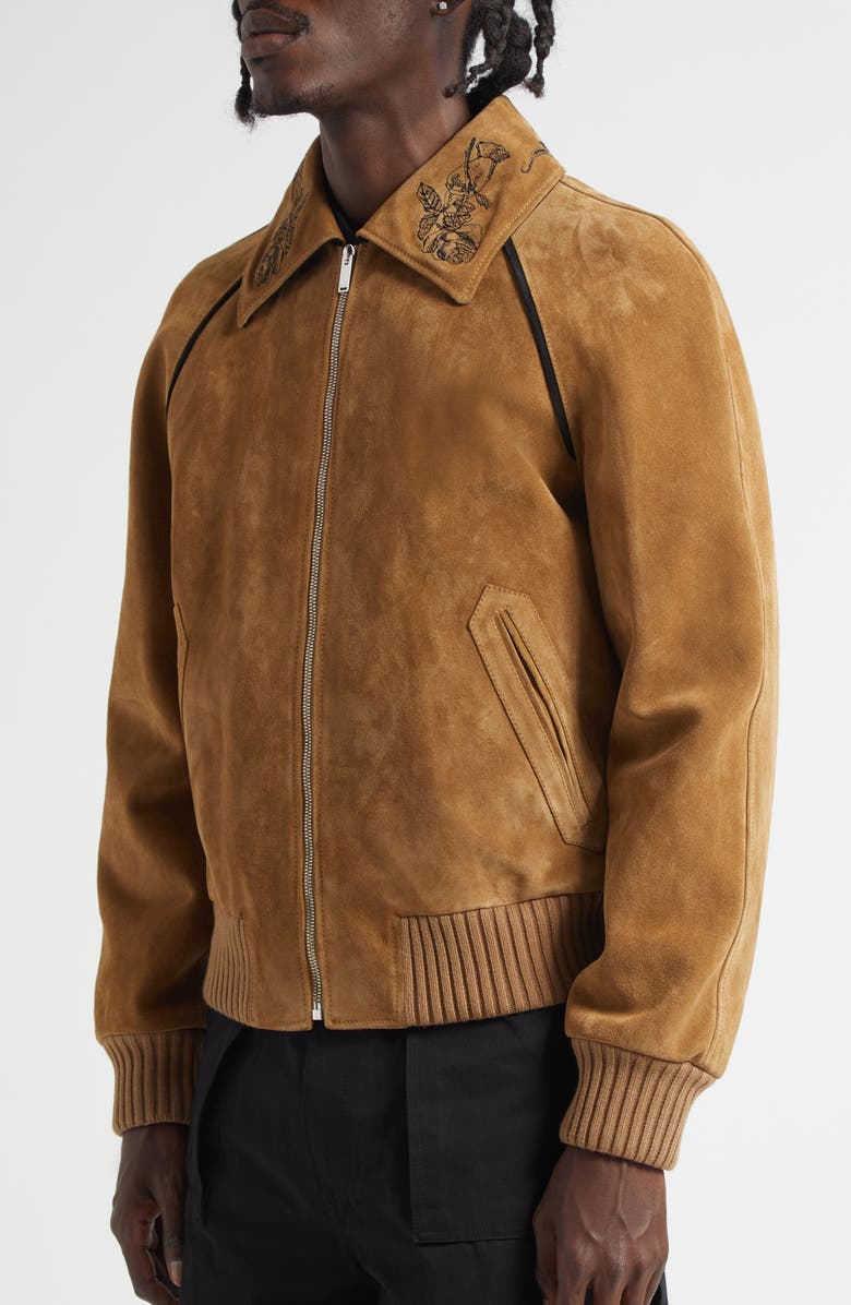 McQueen Crop Suede Bomber Jacket, Alternate, color, Mid Tan/ Black