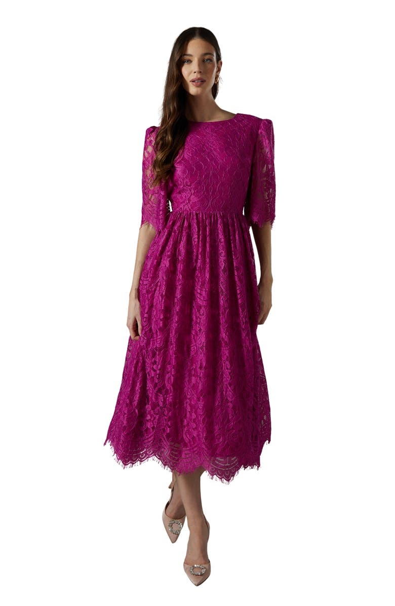 Coast Lace Short Sleeve Midi Dress, Main, color, Magenta