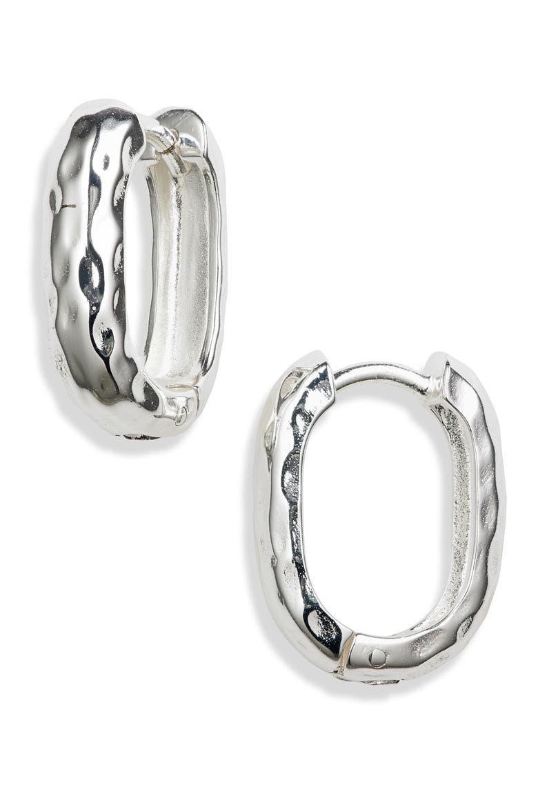 Hammered Oval Huggie Hoop Earrings, Main, color, SILVER