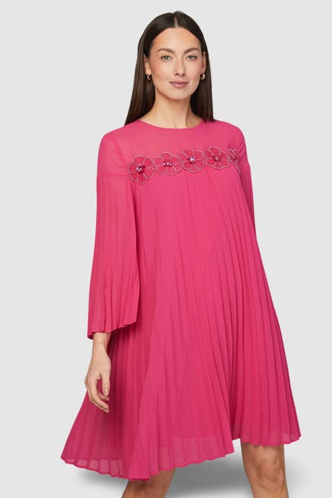 Pleated Floral Trim Shift Dress