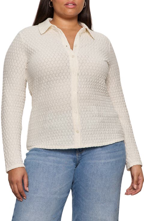 Dreamer Textured Bubble Knit Button-Up Shirt (Plus)
