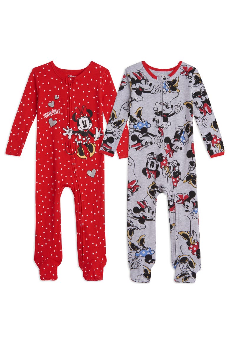 Minnie Mouse Baby Girls' 2-Pack Footed Sleep N' Play Coveralls, Main, color, Minnie Grey Red