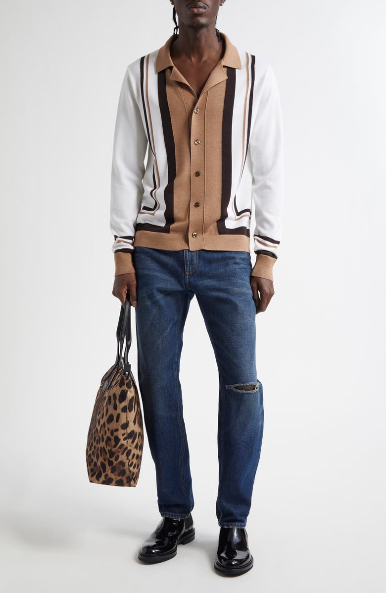 Dolce&Gabbana Colorblock Virgin Wool & Silk Cardigan, Alternate, color, Latte/ Marrone/ Beige