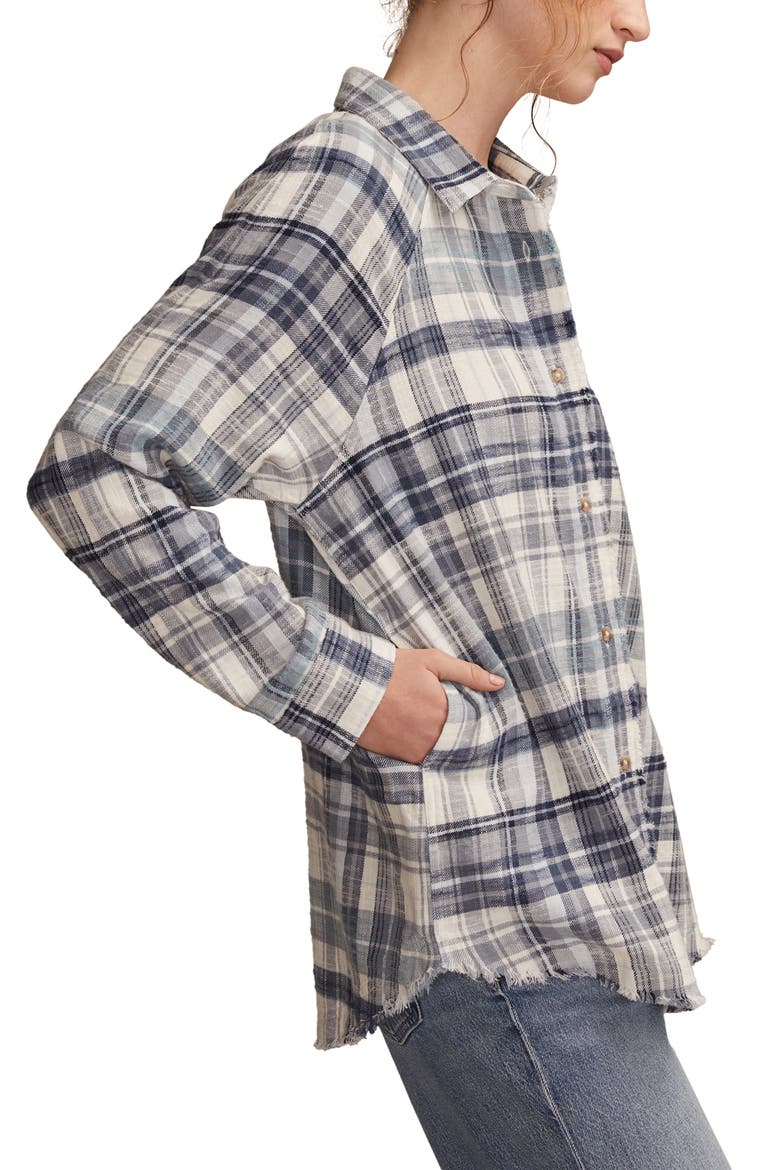 Frayed Plaid Button-Up Tunic Shirt, Alternate, color, BLUE PLAID