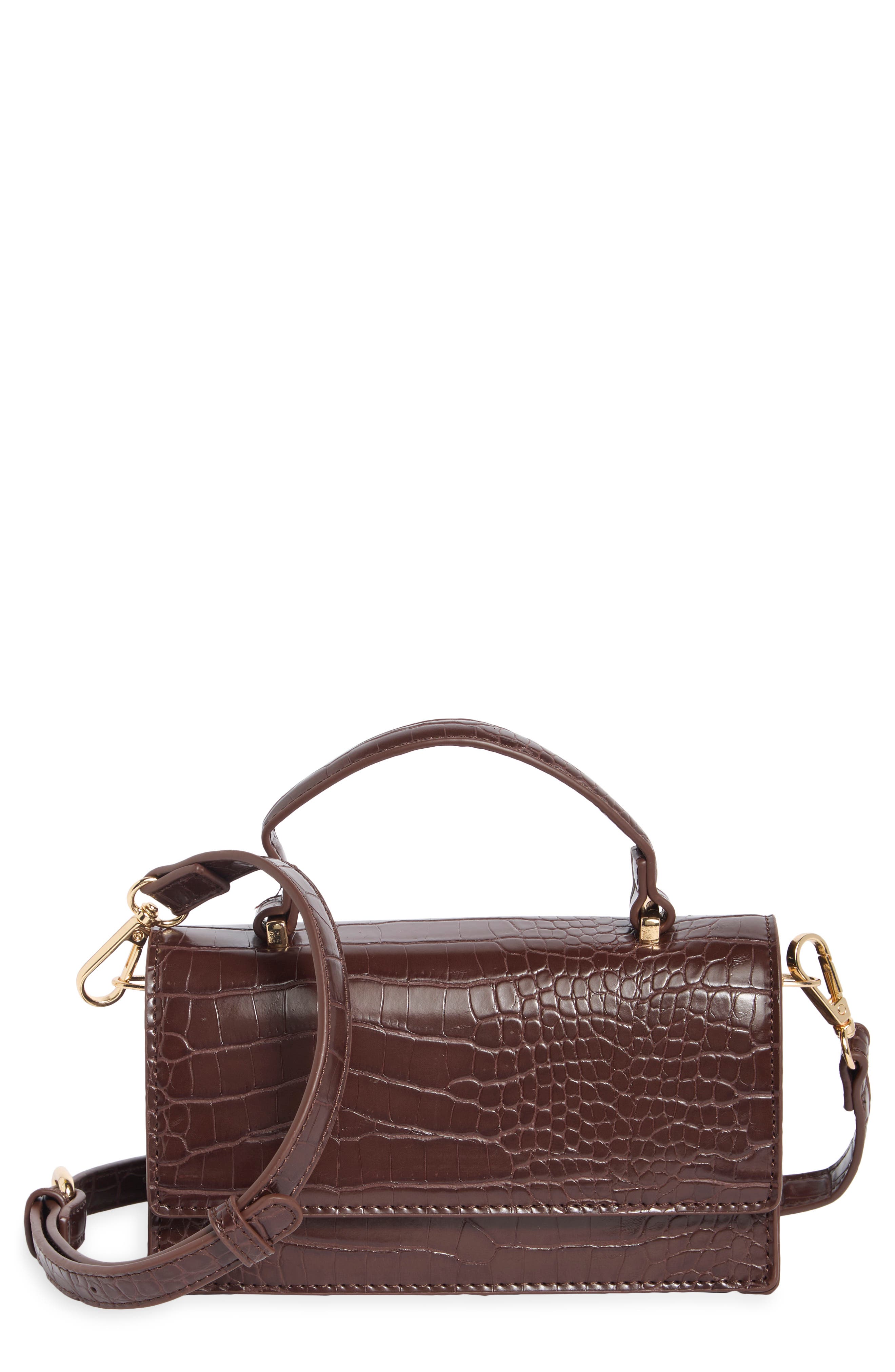 Croc Embossed Faux Leather Crossbody Bag, Main, color, FRENCH ROAST