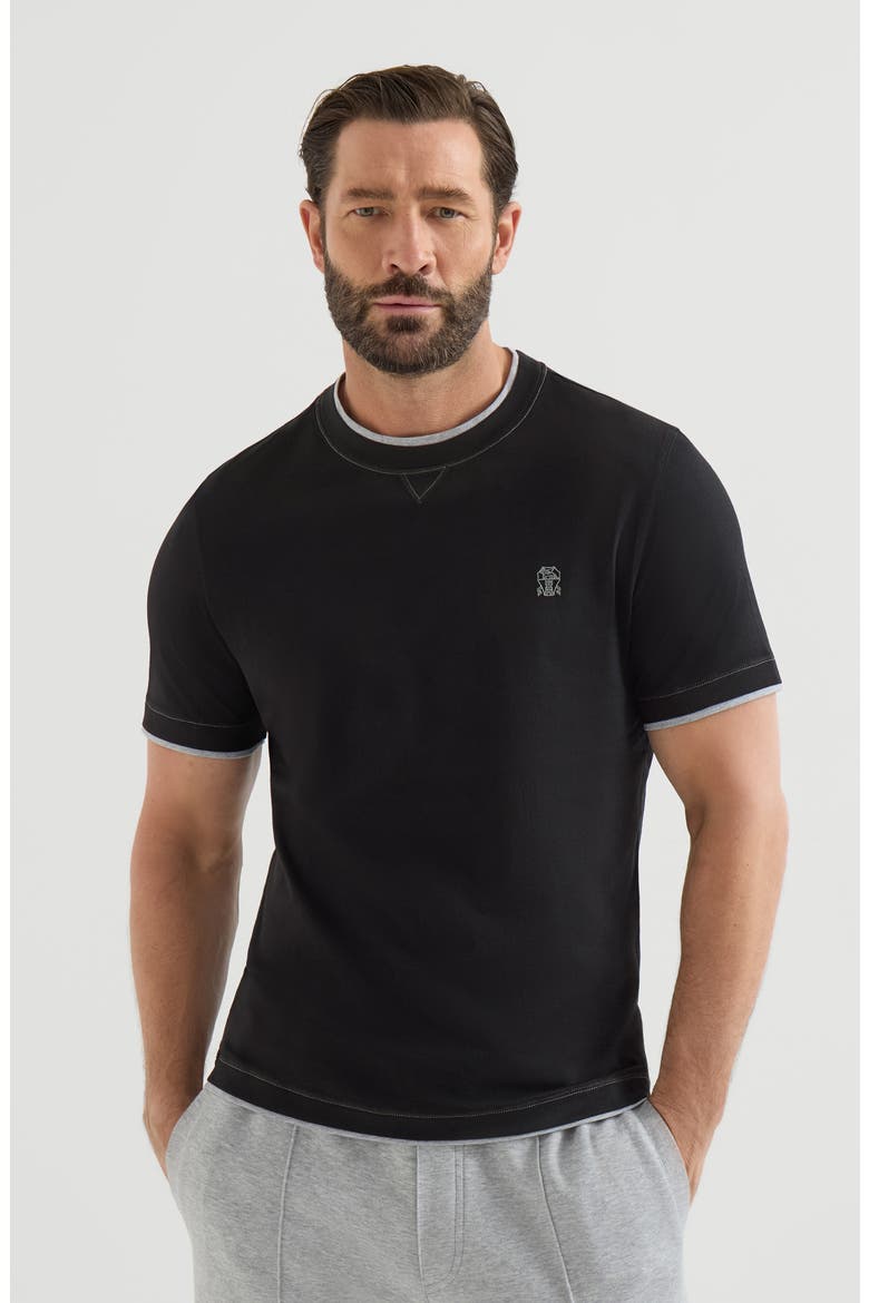 Cotton jersey crew neck T-shirt with logo and faux-layering, Main, color, Black