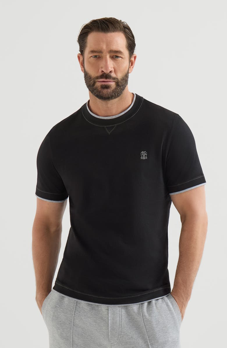 Brunello Cucinelli Cotton jersey crew neck T-shirt with logo and faux-layering, Main, color, Black