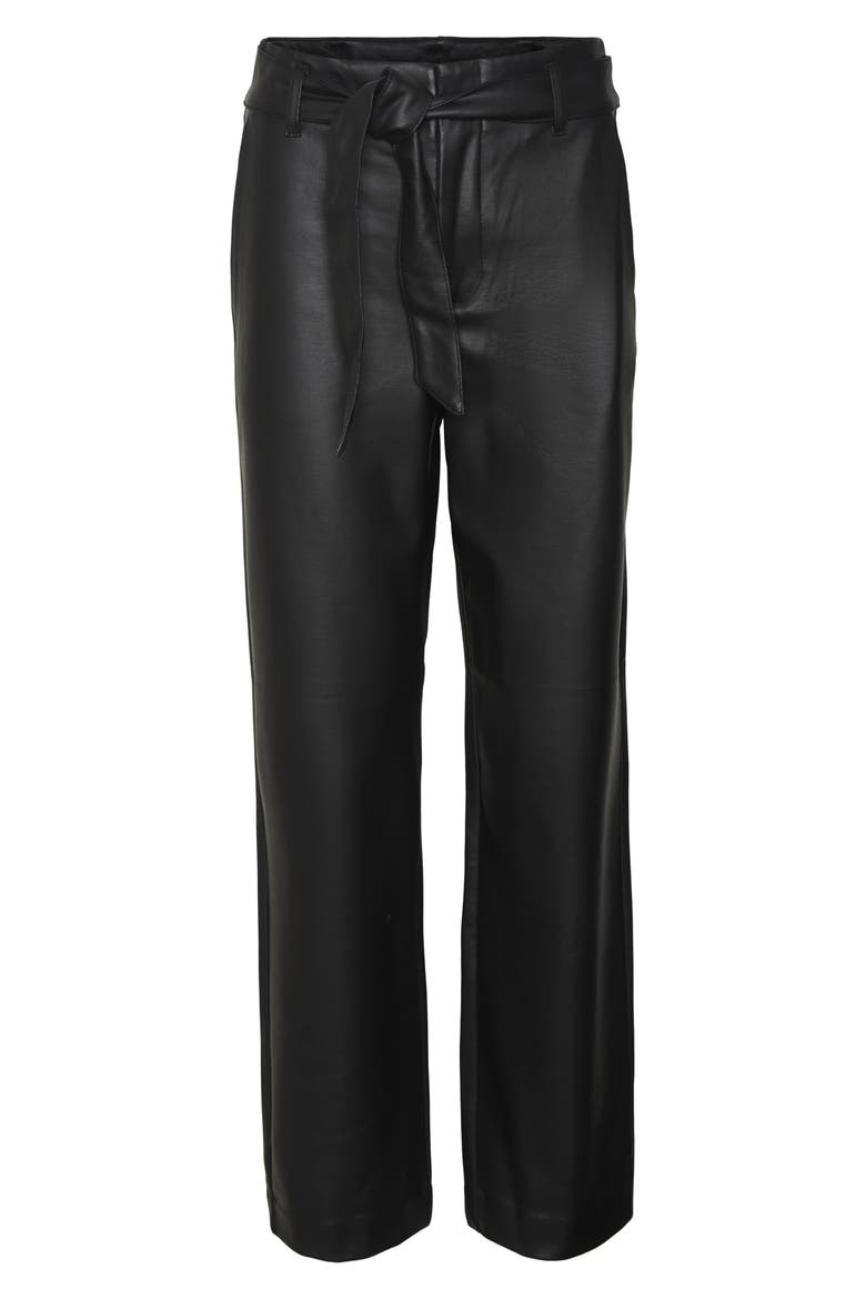 Women's Tie Belt Faux Leather Pants, Alternate, color, BLACK