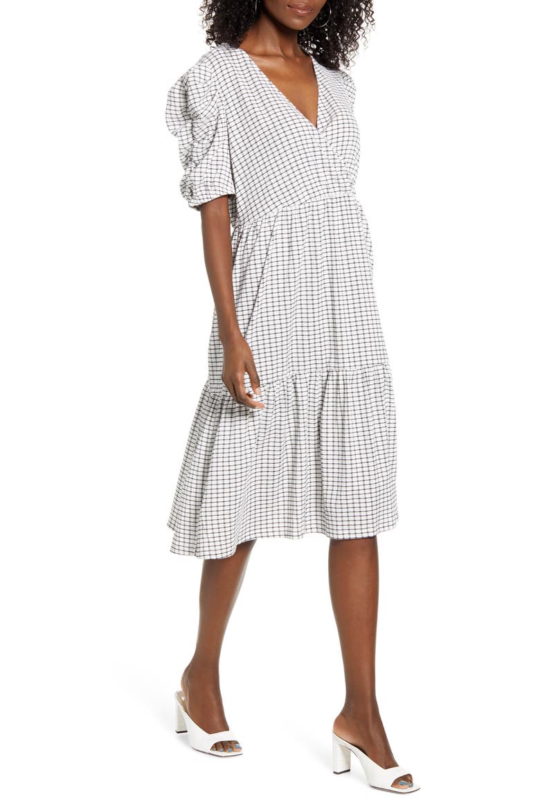 Puff Shoulder Midi Dress, Main, color, BLACK W/ WHITE CHECK