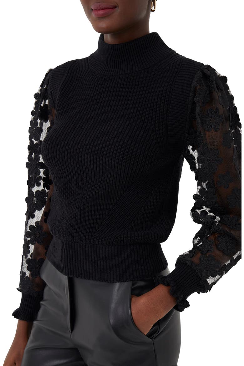 Juri Mozart Rib Sheer Sleeve Turtleneck, Alternate, color, BLACK
