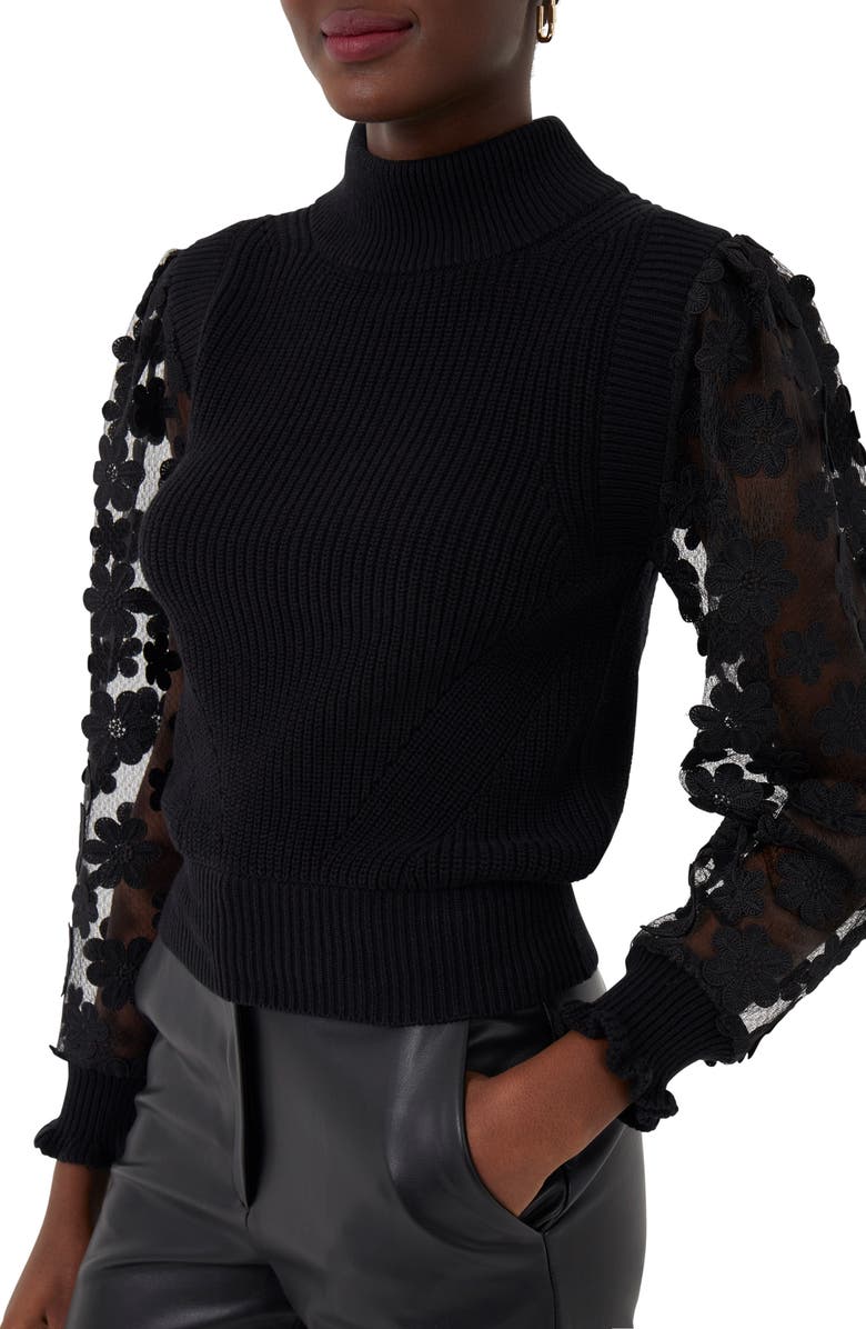 French Connection Juri Mozart Rib Sheer Sleeve Turtleneck, Alternate, color,