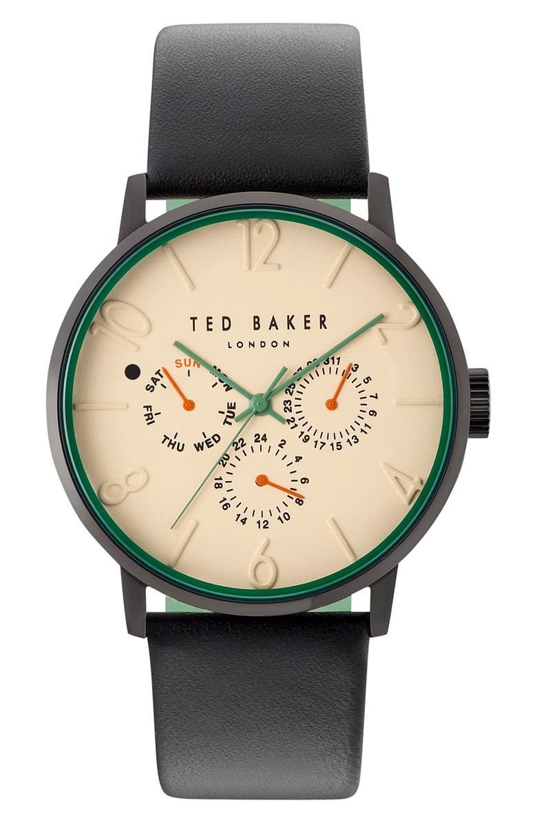 Ted Baker London James Multifunction Leather Strap Watch, 42mm, Main, color, 