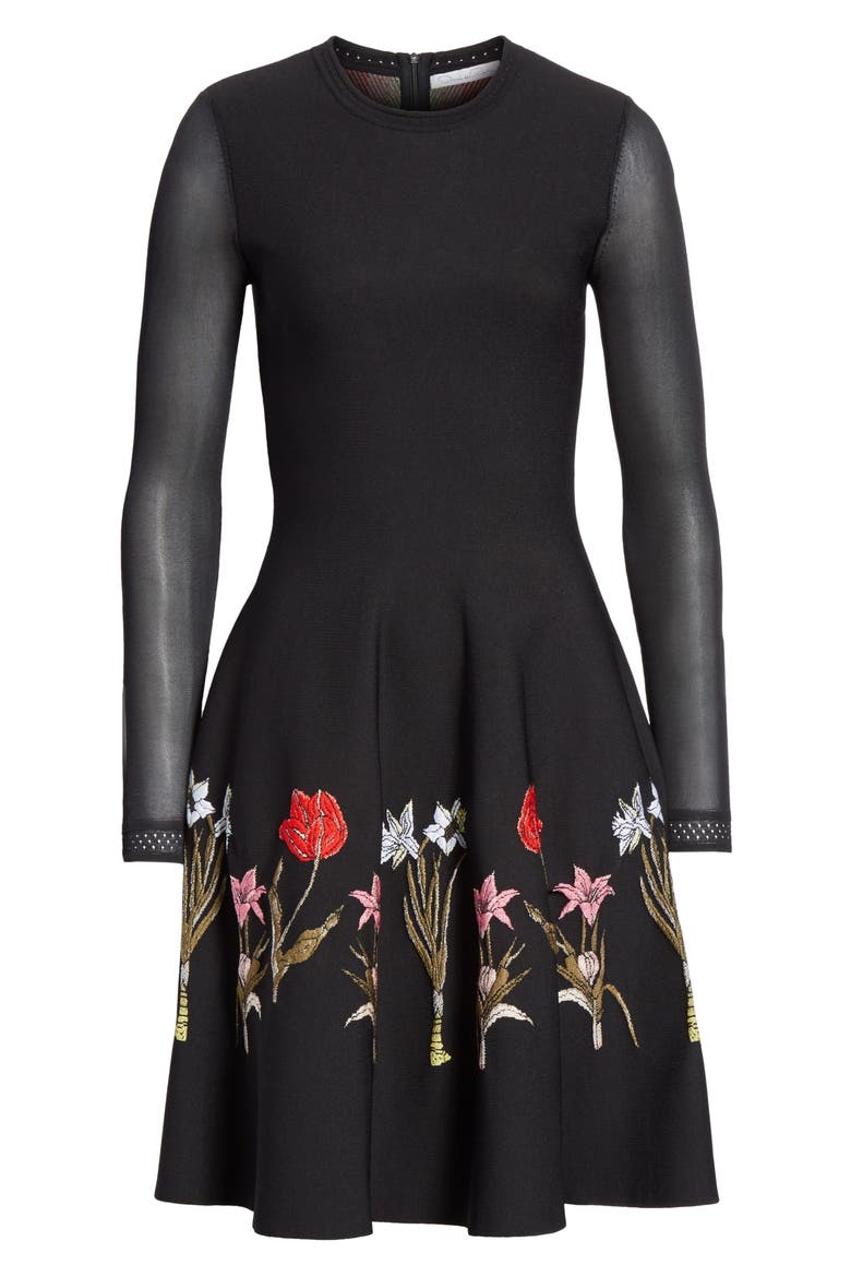 Sheer Sleeve Floral Hem Dress, Alternate, color, BLACK MULTI