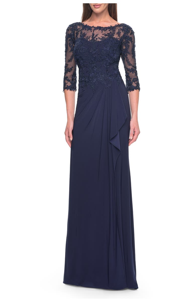 La Femme Long Evening Gown with Lace Illusion Sleeves and Neckline, Main, color, Navy