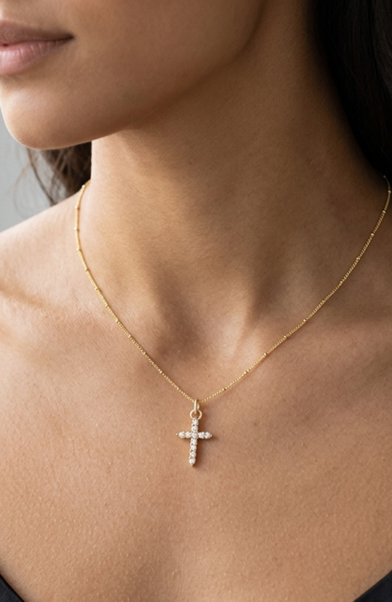 Emma Rae Cubic Zirconia Cross Pendant Necklace, Alternate, color, Metallic Gold