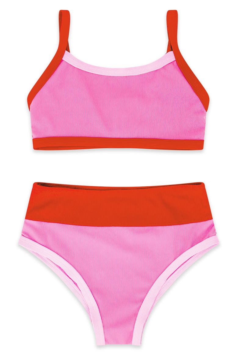 Kids' Retro Ringer UPF 50+ Two-Piece Swimsuit, Main, color, PINK SUNSET