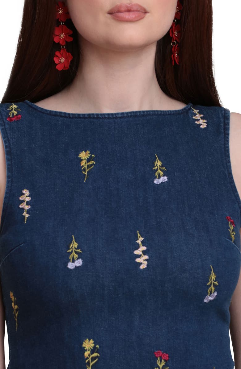 Avec Les Filles Embroidered Bubble Hem Denim Minidress, Alternate, color, Monarch Botanical