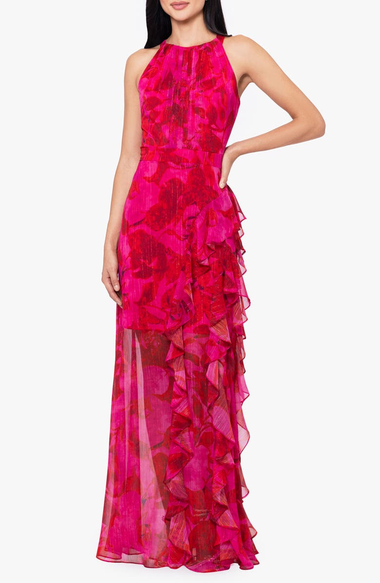 Betsy & Adam Metallic Stripe Floral Ruffle Chiffon Gown, Main, color, 